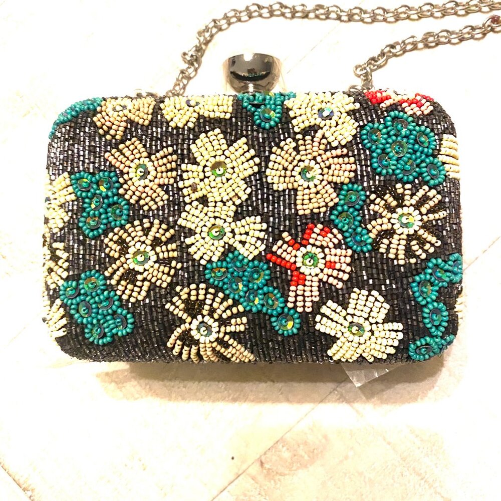 NWT Ritu Kumar Black Multi Color Flower Beaded on Leather Box Clutch